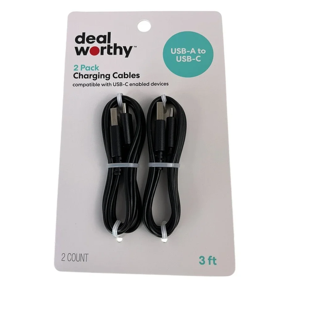 Deal Worthy 2 Pack USB-A to USB-C Charging Cables 3ft Black‎ BCA023C2BLK NEW